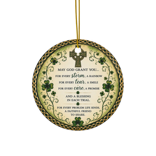 Irish Blessing Prayer Ceramic Ornament — Inspirational Irish Shamrock Cross Gift Decoration