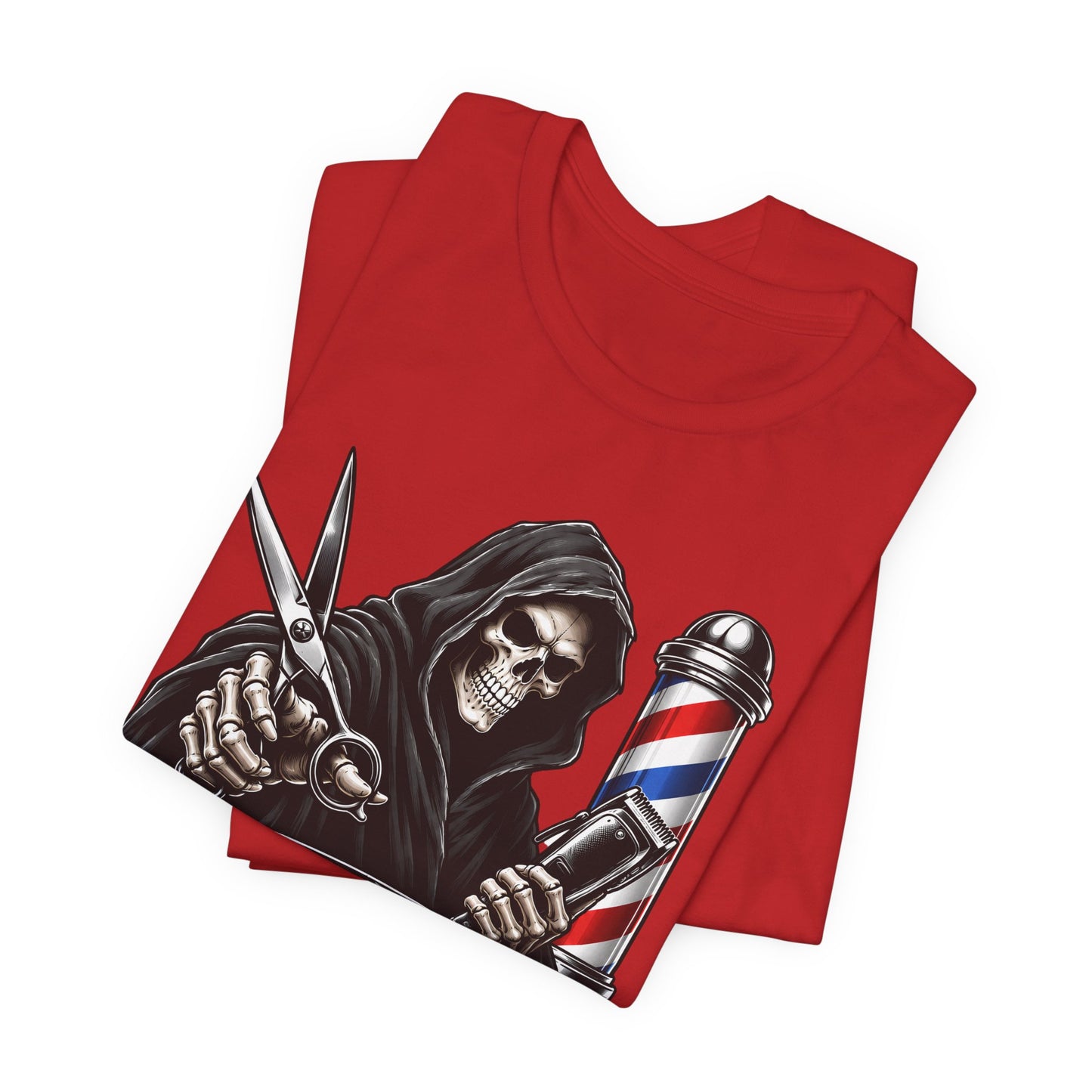 Trim Reaper Barber Tee – Grim Reaper Scissors & Pole Graphic T-Shirt Short Sleeve Shirt