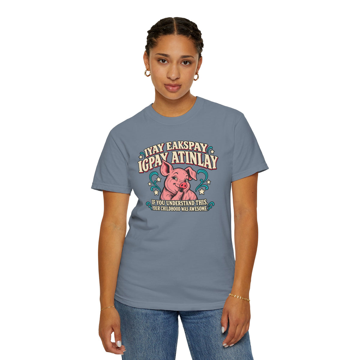 Fluent in Pig Latin Funny Retor 80's Pig Graphic T-Shirt Tee Shirt