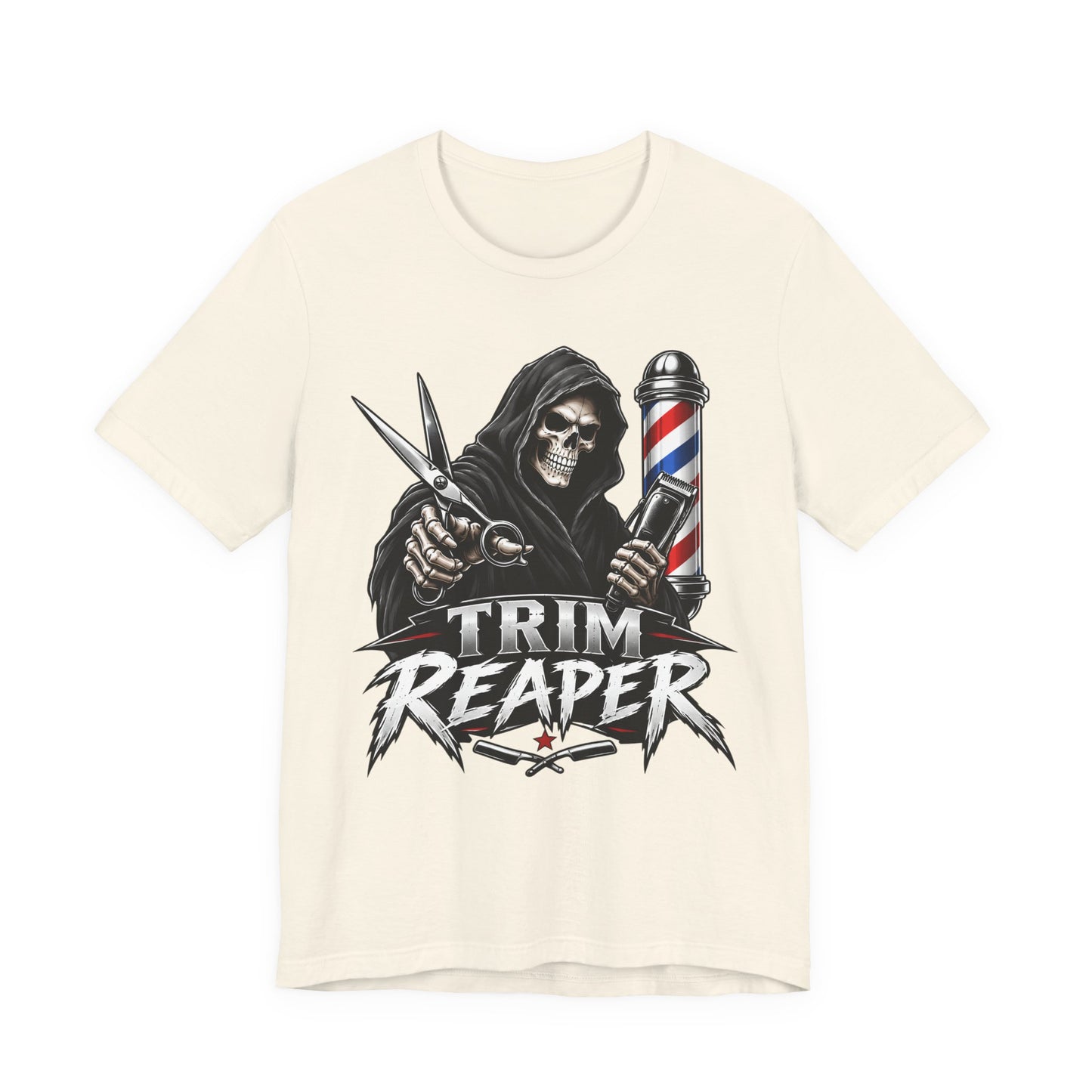 Trim Reaper Barber Tee – Grim Reaper Scissors & Pole Graphic T-Shirt Short Sleeve Shirt