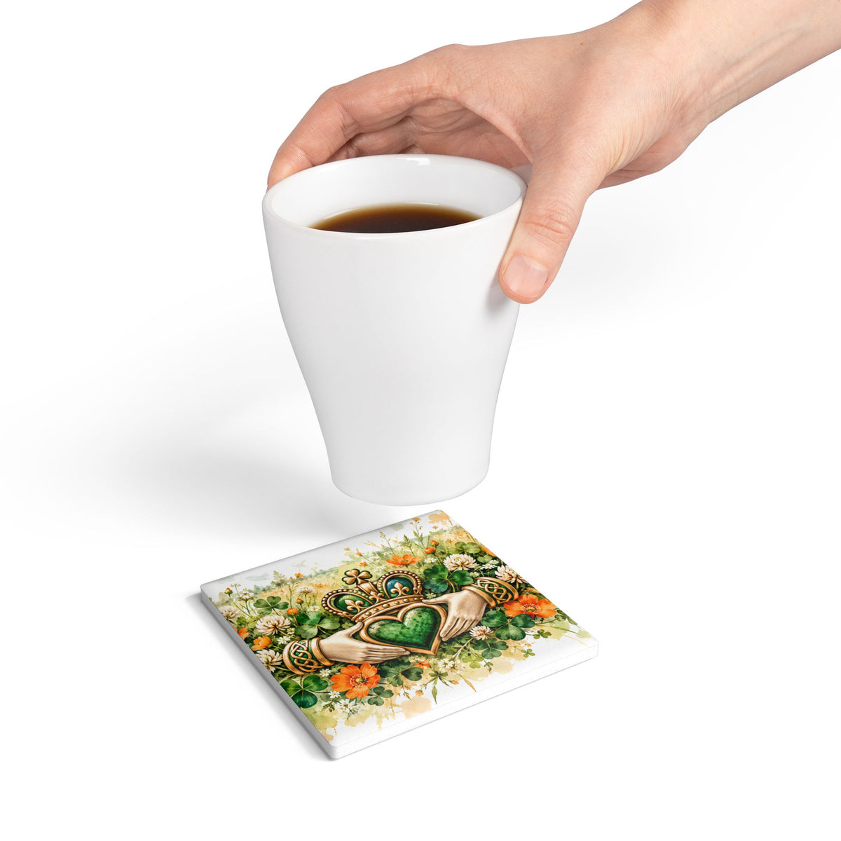 Celtic Claddagh Heart Floral Ceramic Square Coaster