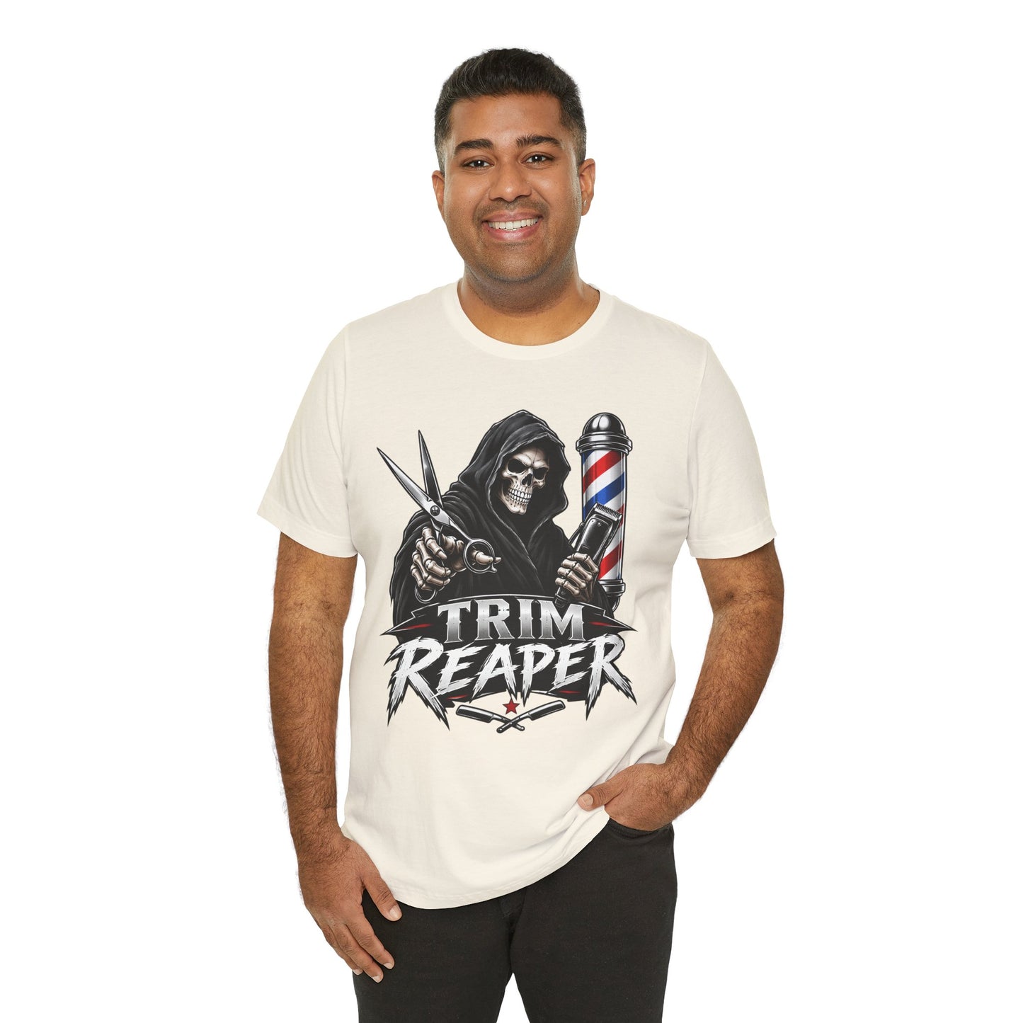 Trim Reaper Barber Tee – Grim Reaper Scissors & Pole Graphic T-Shirt Short Sleeve Shirt