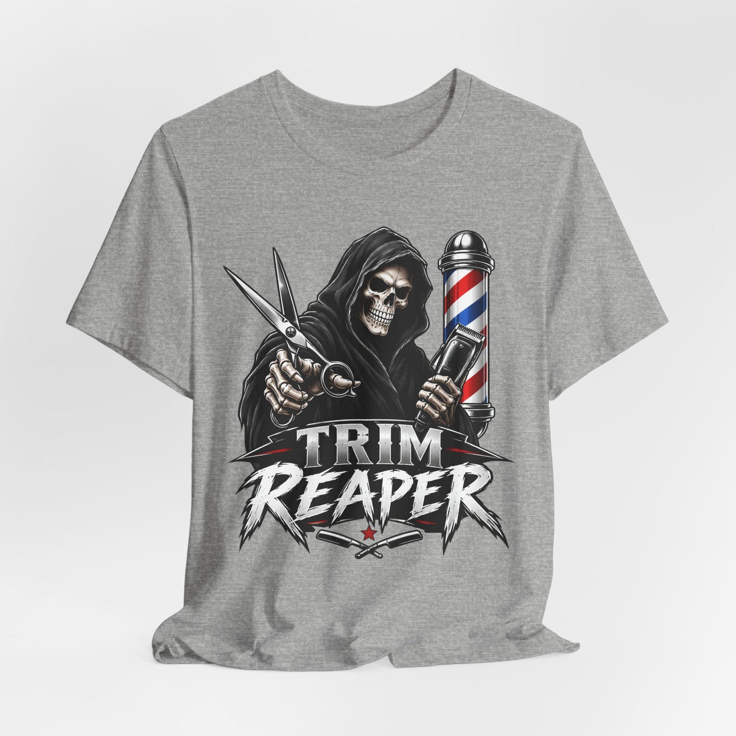 Trim Reaper Barber Tee – Grim Reaper Scissors & Pole Graphic T-Shirt Short Sleeve Shirt