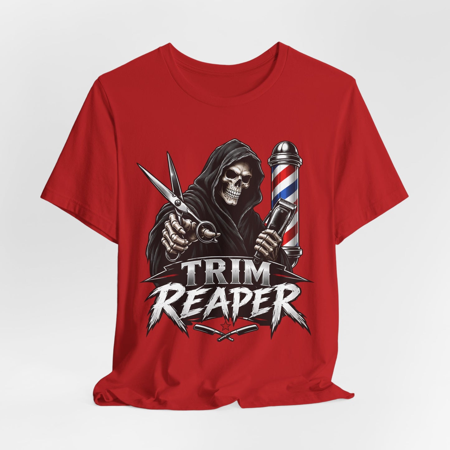 Trim Reaper Barber Tee – Grim Reaper Scissors & Pole Graphic T-Shirt Short Sleeve Shirt
