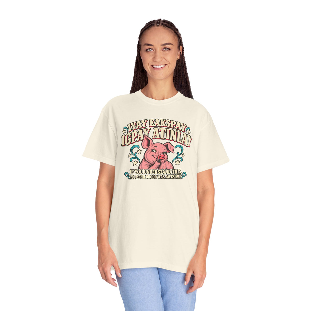 Fluent in Pig Latin Funny Retor 80's Pig Graphic T-Shirt Tee Shirt