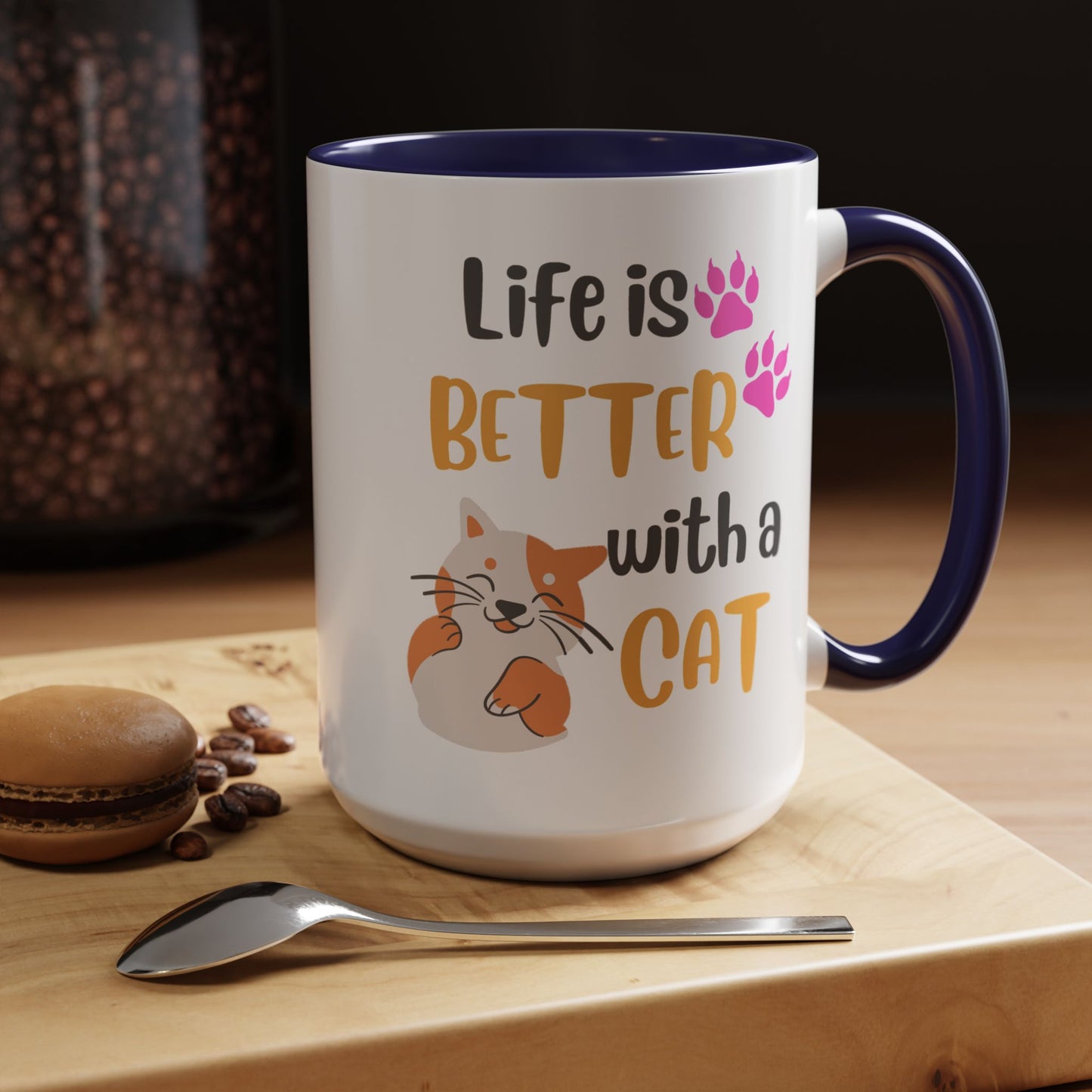 Cat Lover Coffee Mug — "Life Is Better With a Cat" Accent Ceramic Mug (15oz)