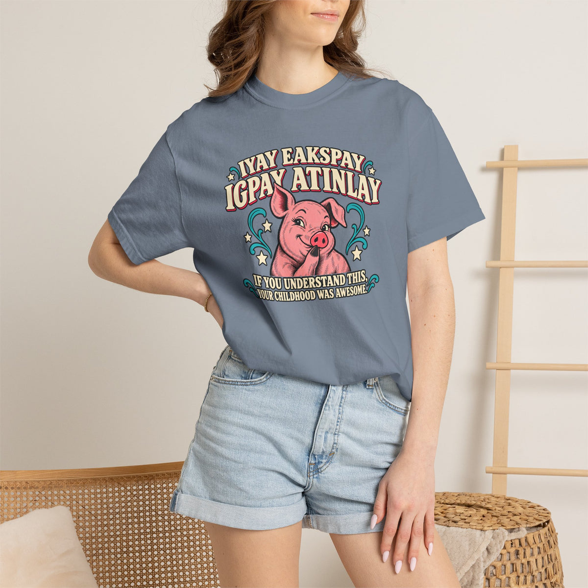 Fluent in Pig Latin Funny Retor 80's Pig Graphic T-Shirt Tee Shirt