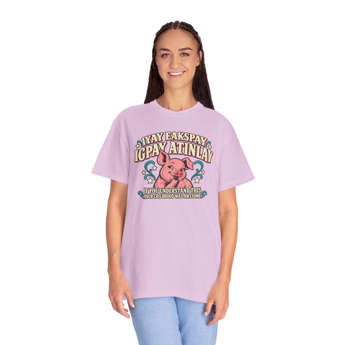 Fluent in Pig Latin Funny Retor 80's Pig Graphic T-Shirt Tee Shirt