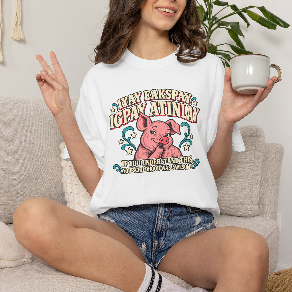 Fluent in Pig Latin Funny Retor 80's Pig Graphic T-Shirt Tee Shirt