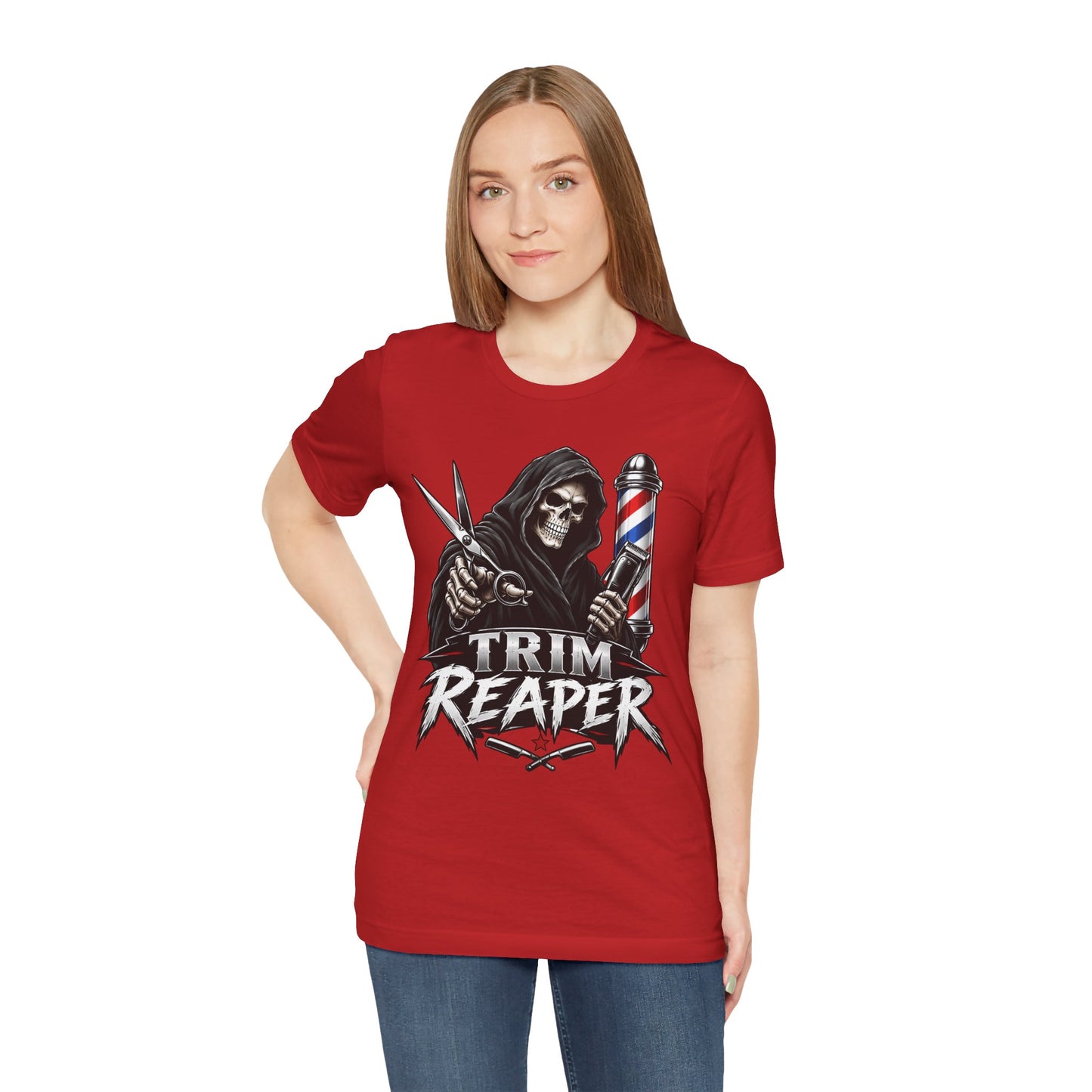 Trim Reaper Barber Tee – Grim Reaper Scissors & Pole Graphic T-Shirt Short Sleeve Shirt
