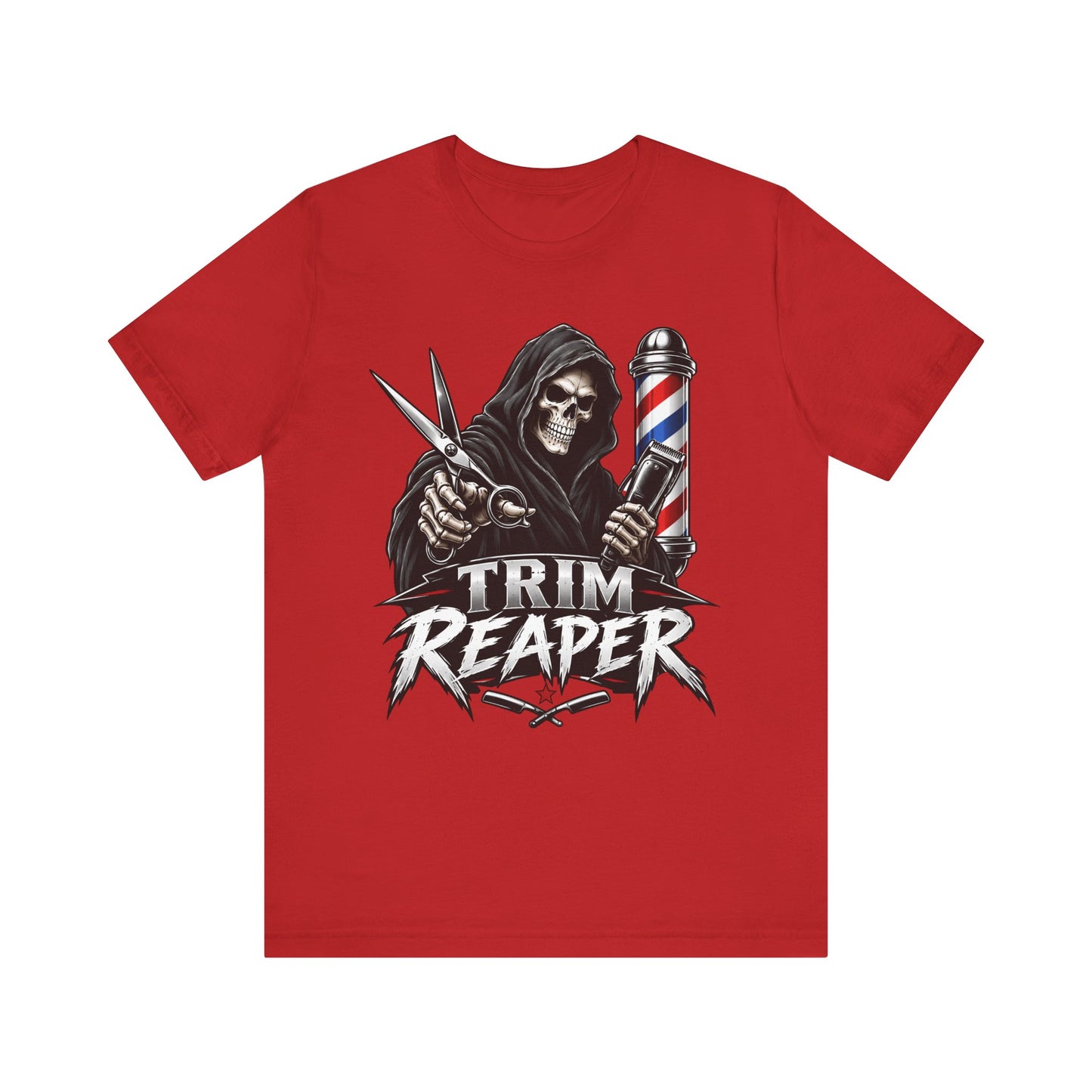 Trim Reaper Barber Tee – Grim Reaper Scissors & Pole Graphic T-Shirt Short Sleeve Shirt
