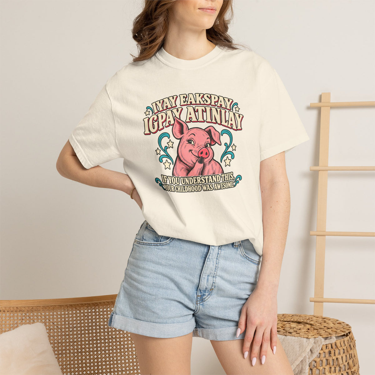 Fluent in Pig Latin Funny Retor 80's Pig Graphic T-Shirt Tee Shirt