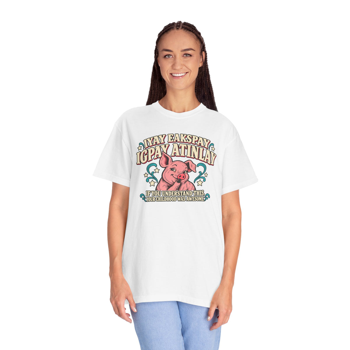 Fluent in Pig Latin Funny Retor 80's Pig Graphic T-Shirt Tee Shirt
