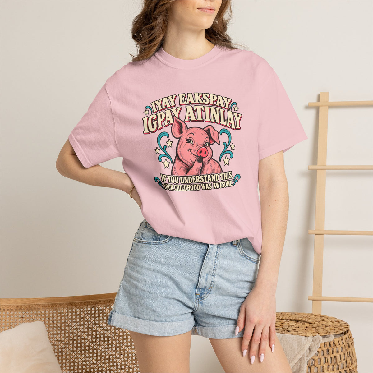 Fluent in Pig Latin Funny Retor 80's Pig Graphic T-Shirt Tee Shirt