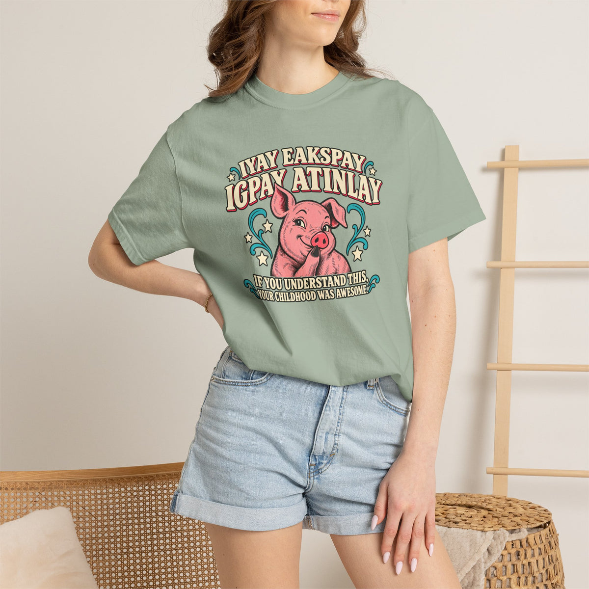 Fluent in Pig Latin Funny Retor 80's Pig Graphic T-Shirt Tee Shirt