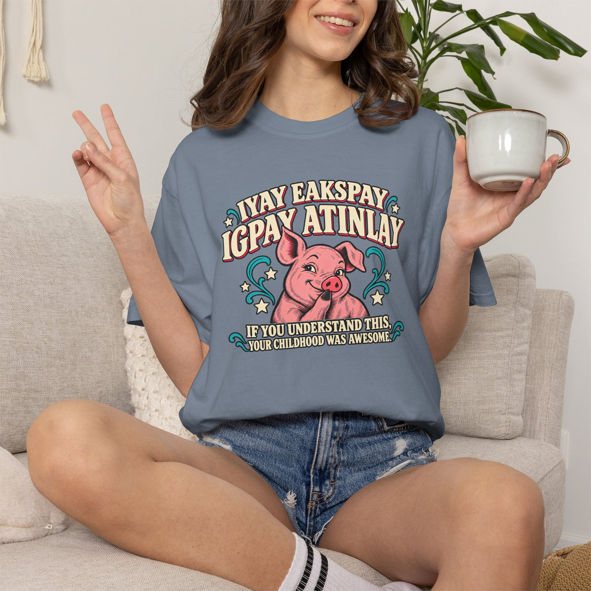 Fluent in Pig Latin Funny Retor 80's Pig Graphic T-Shirt Tee Shirt