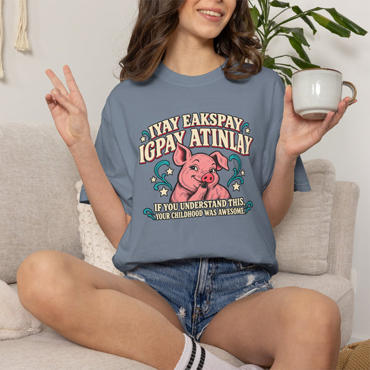 Fluent in Pig Latin Funny Retor 80's Pig Graphic T-Shirt Tee Shirt