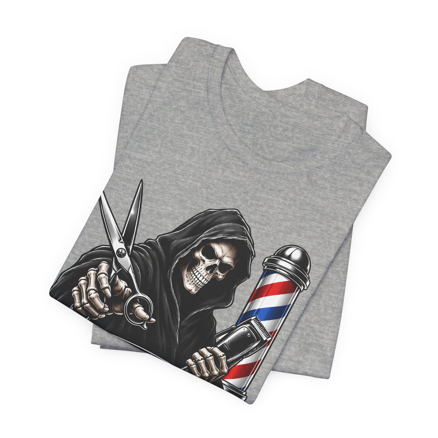Trim Reaper Barber Tee – Grim Reaper Scissors & Pole Graphic T-Shirt Short Sleeve Shirt