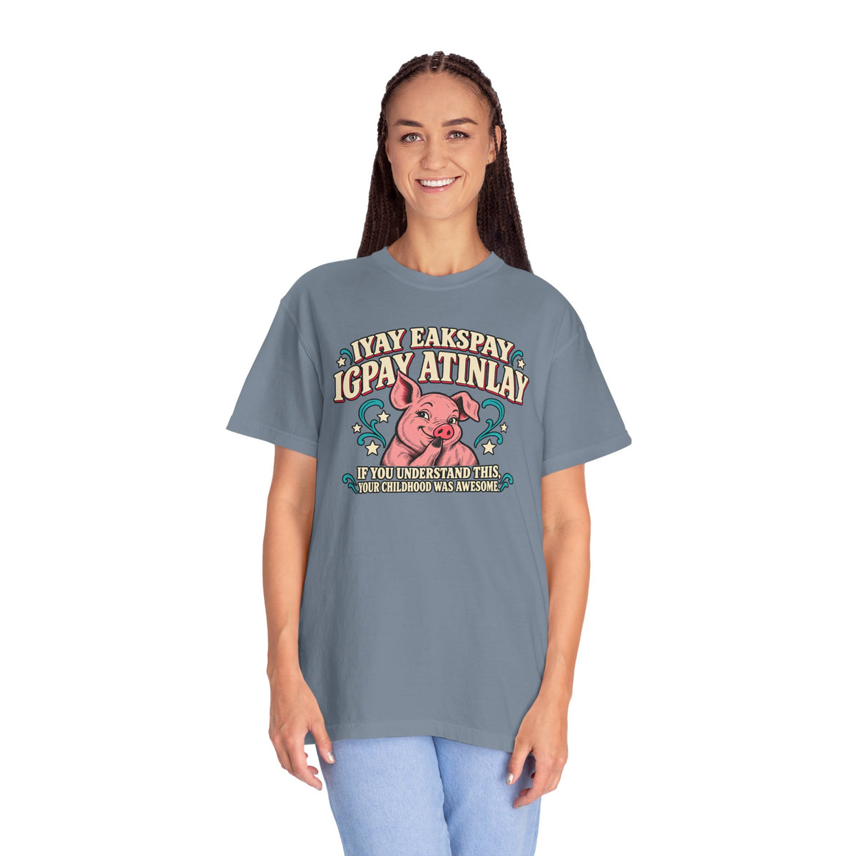 Fluent in Pig Latin Funny Retor 80's Pig Graphic T-Shirt Tee Shirt