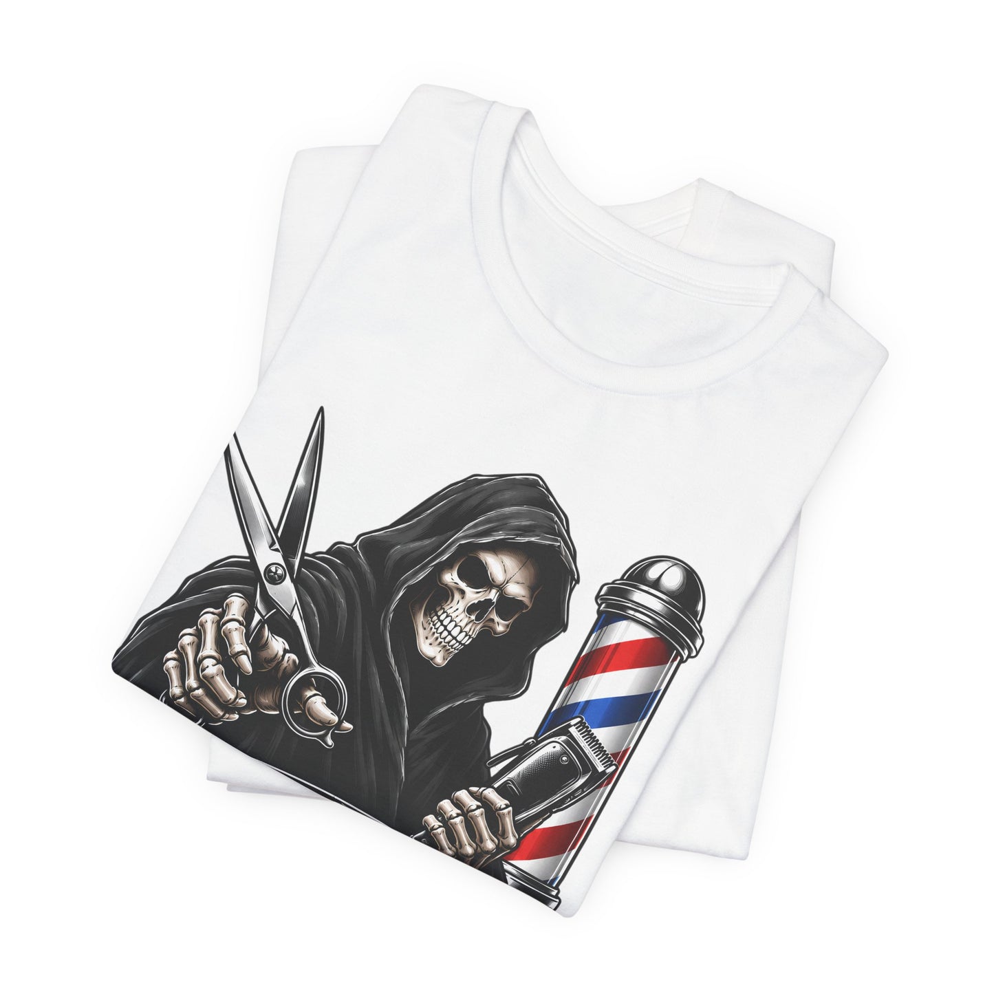 Trim Reaper Barber Tee – Grim Reaper Scissors & Pole Graphic T-Shirt Short Sleeve Shirt