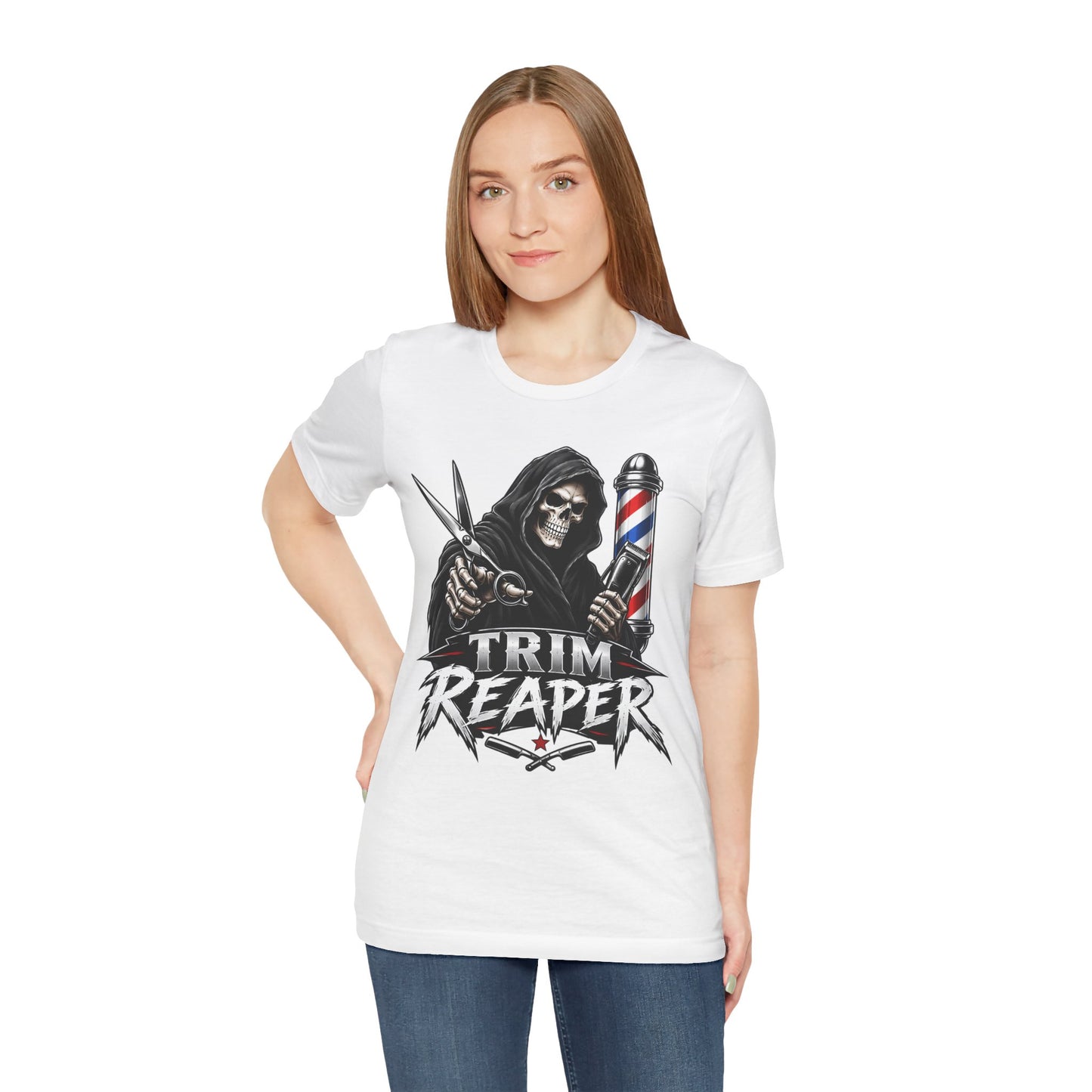 Trim Reaper Barber Tee – Grim Reaper Scissors & Pole Graphic T-Shirt Short Sleeve Shirt