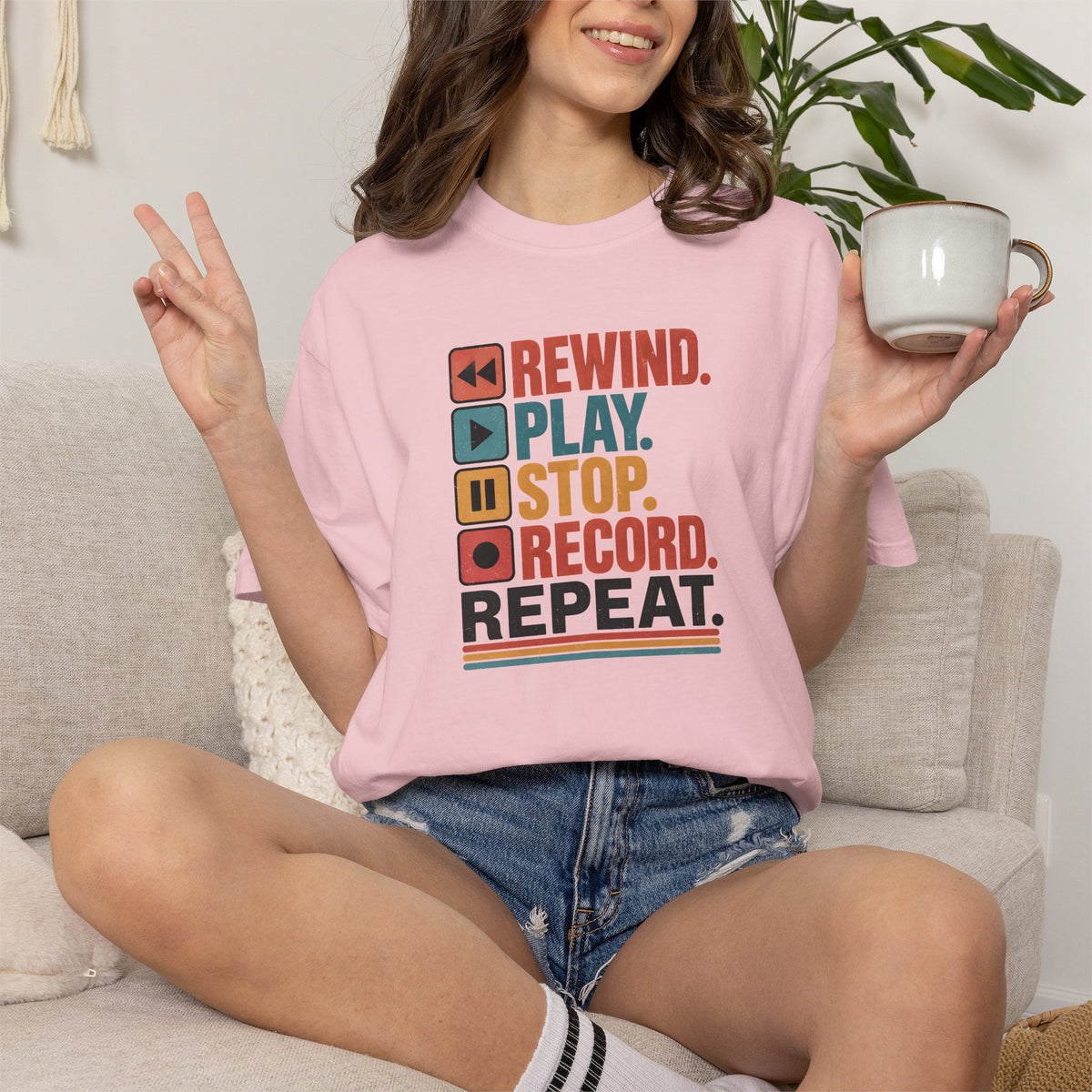 Rewind Play Stop Record Repeat Graphic Retro T-Shirt