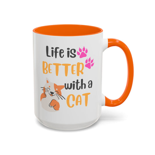 Cat Lover Coffee Mug — "Life Is Better With a Cat" Accent Ceramic Mug (15oz)