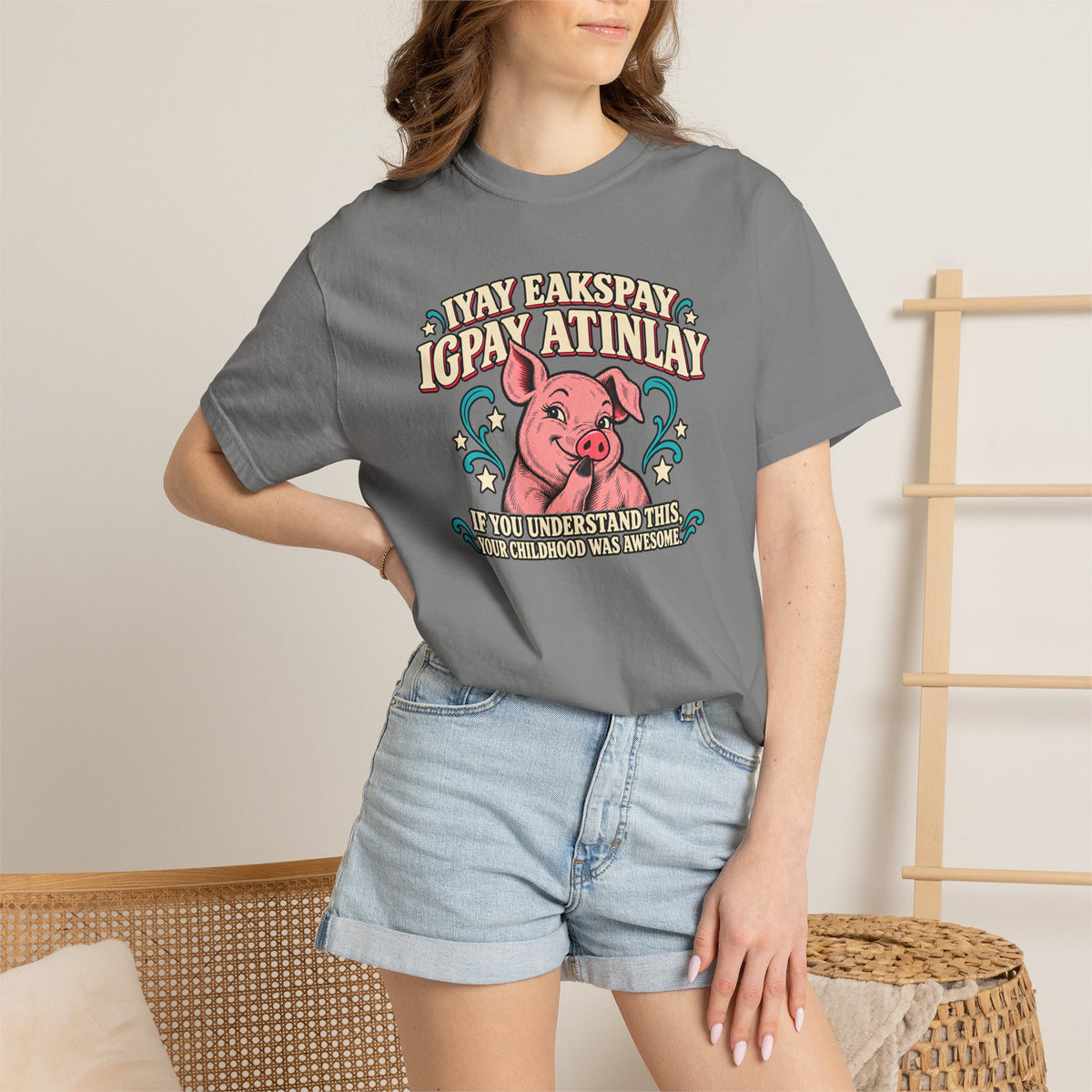 Fluent in Pig Latin Funny Retor 80's Pig Graphic T-Shirt Tee Shirt