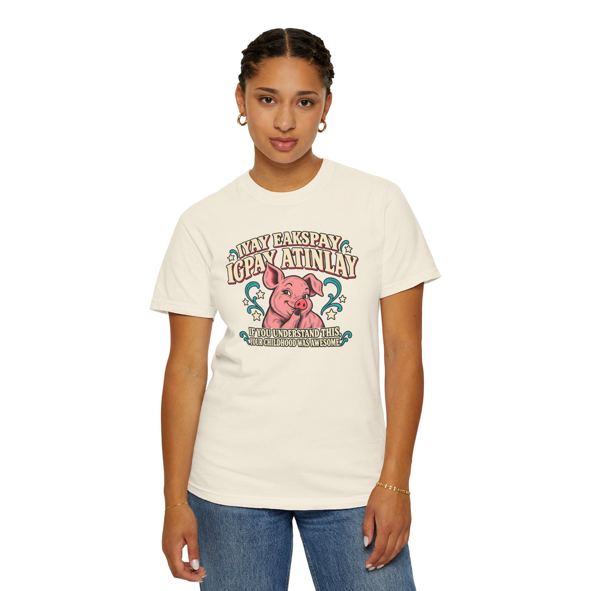 Fluent in Pig Latin Funny Retor 80's Pig Graphic T-Shirt Tee Shirt