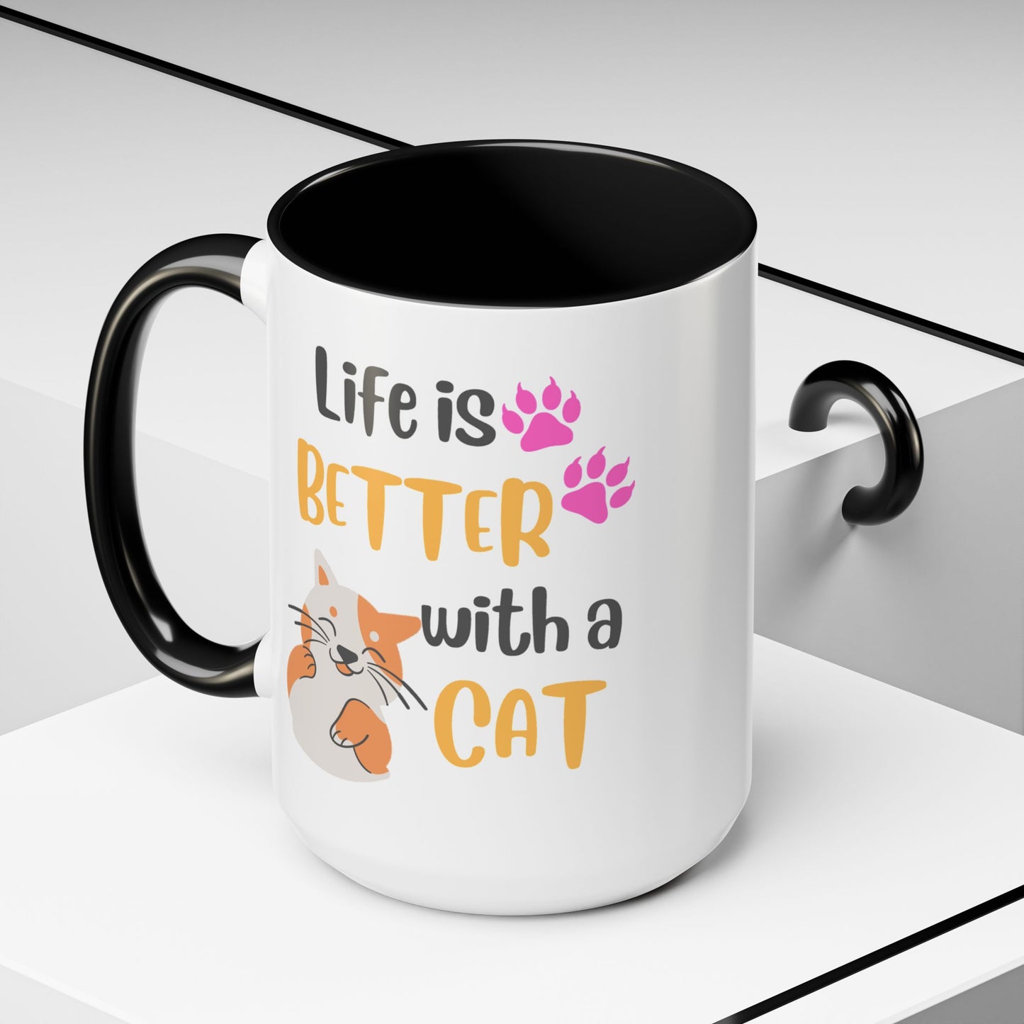 Cat Lover Coffee Mug — "Life Is Better With a Cat" Accent Ceramic Mug (15oz)