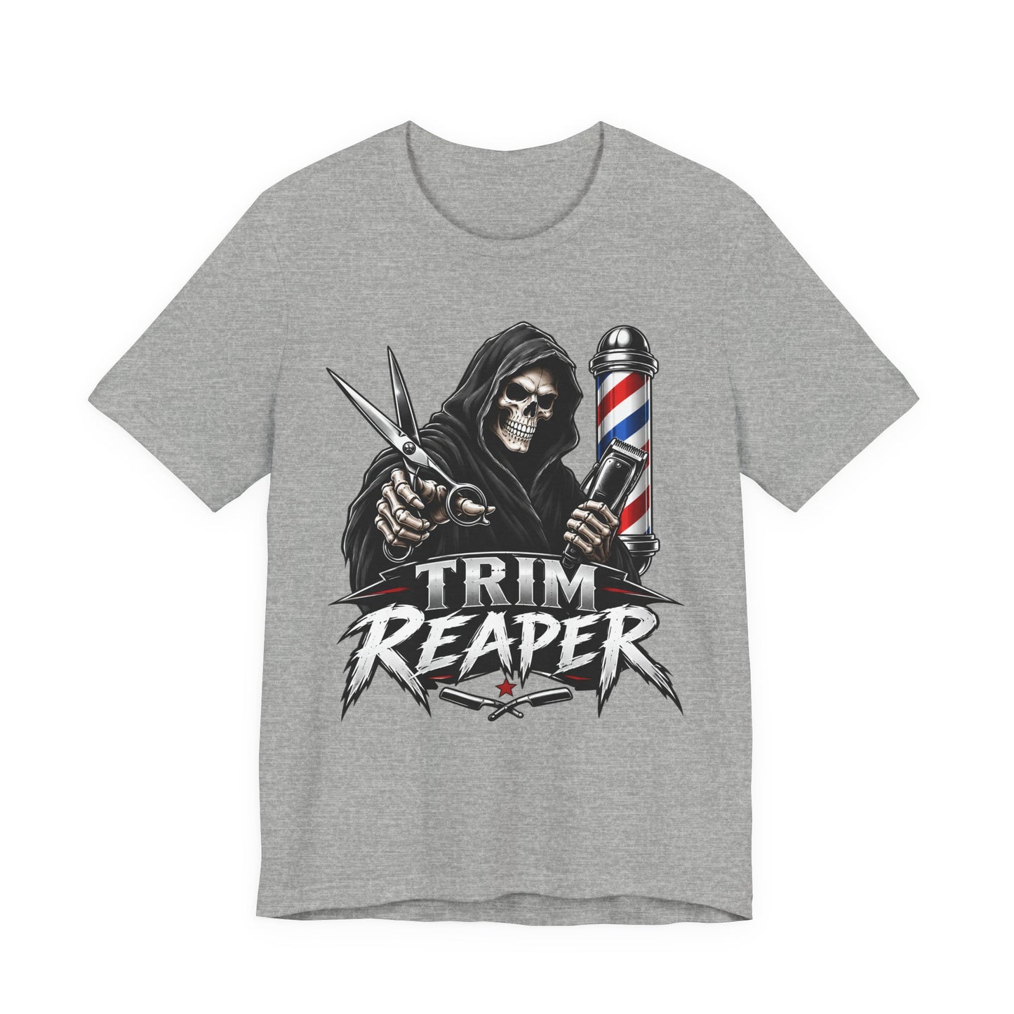 Trim Reaper Barber Tee – Grim Reaper Scissors & Pole Graphic T-Shirt Short Sleeve Shirt