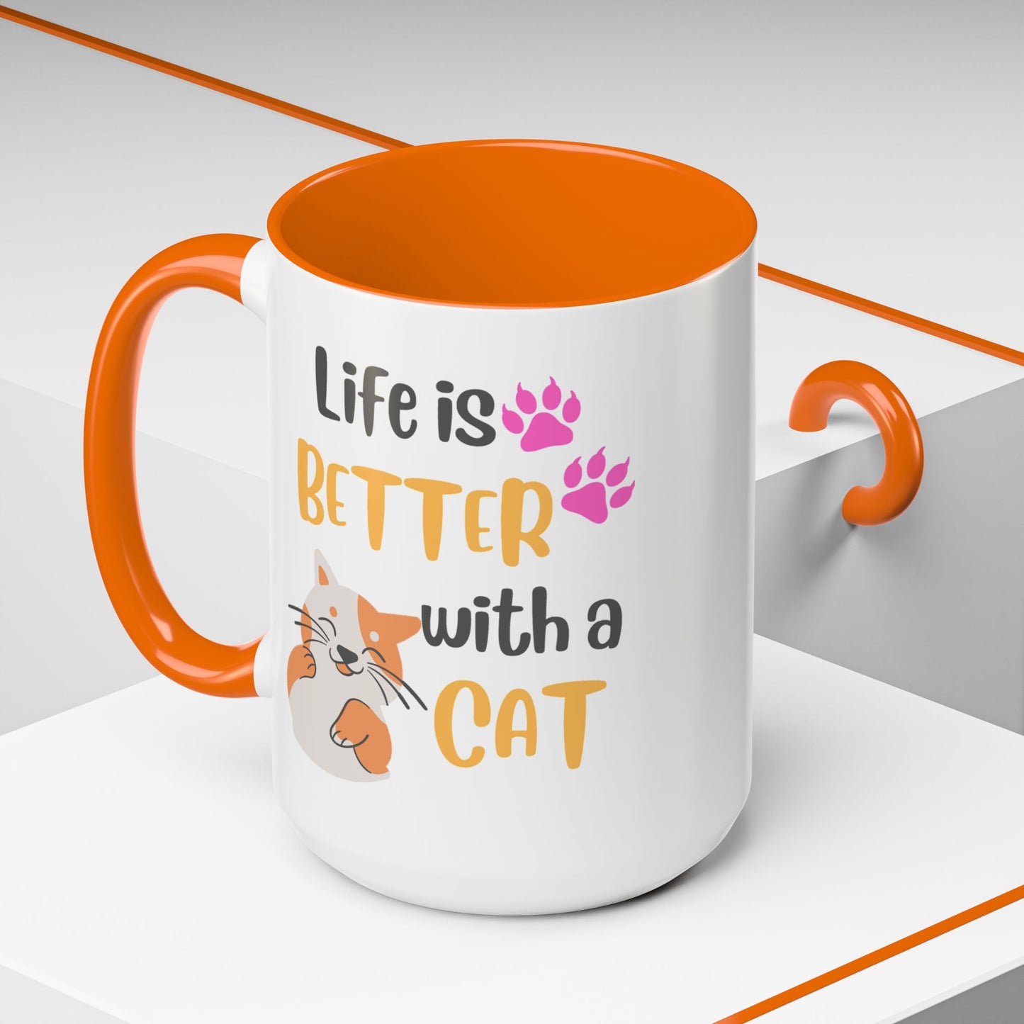 Cat Lover Coffee Mug — "Life Is Better With a Cat" Accent Ceramic Mug (15oz)