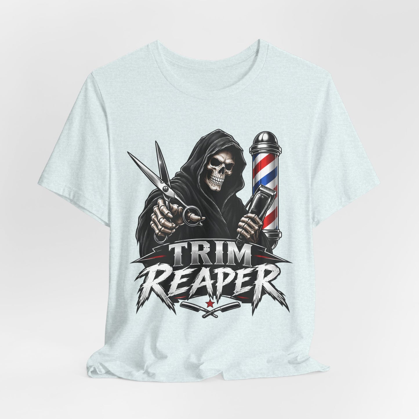 Trim Reaper Barber Tee – Grim Reaper Scissors & Pole Graphic T-Shirt Short Sleeve Shirt