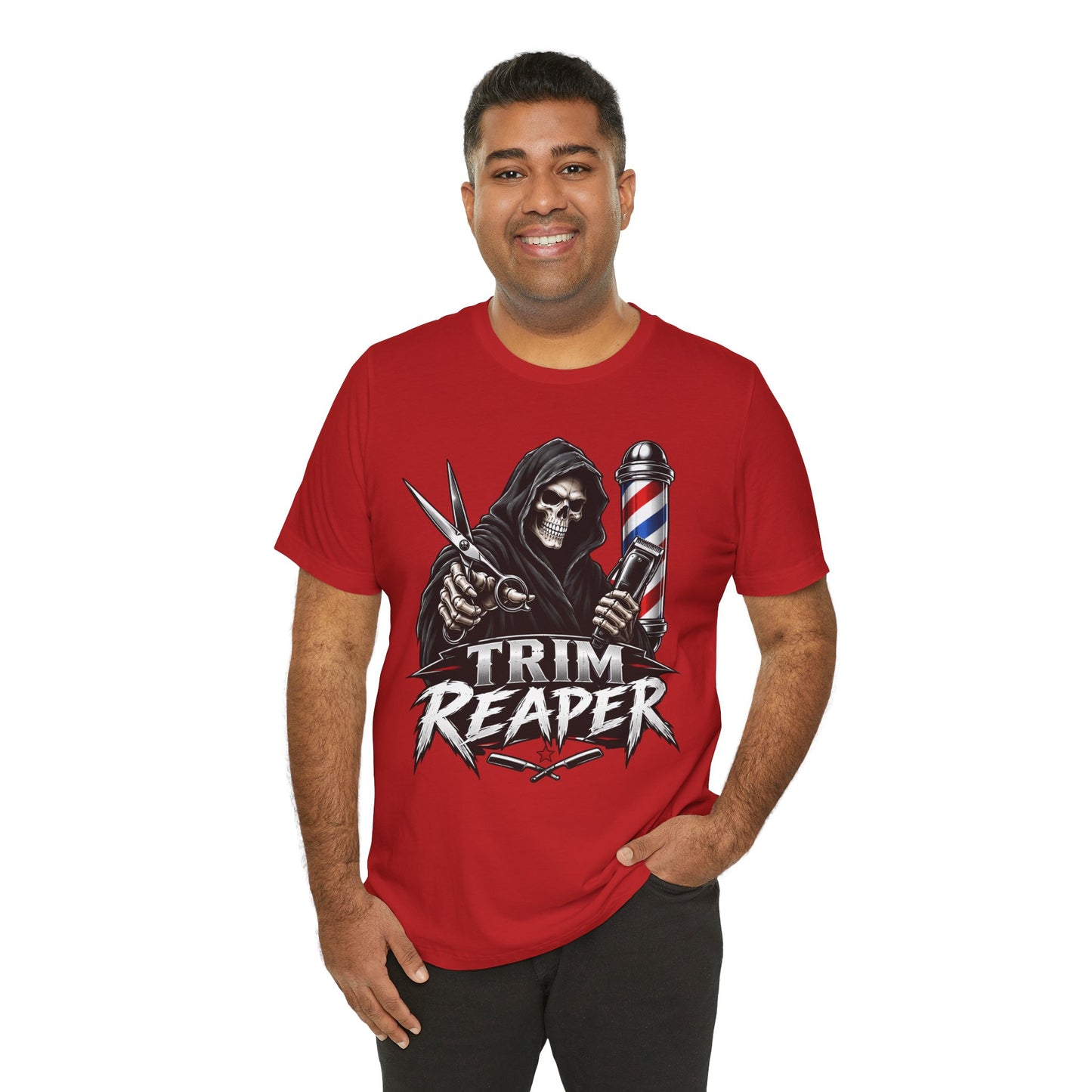 Trim Reaper Barber Tee – Grim Reaper Scissors & Pole Graphic T-Shirt Short Sleeve Shirt
