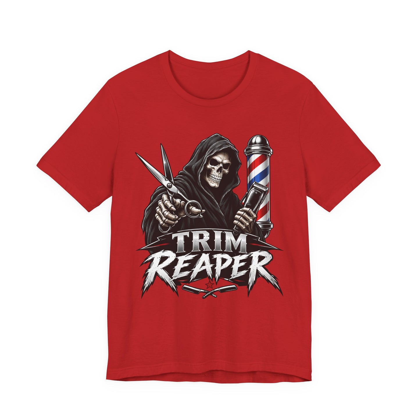 Trim Reaper Barber Tee – Grim Reaper Scissors & Pole Graphic T-Shirt Short Sleeve Shirt