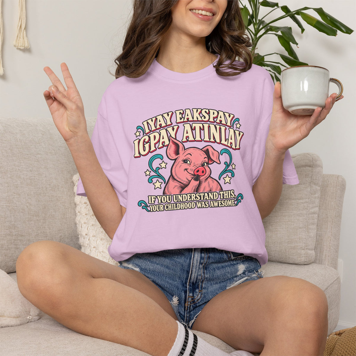 Fluent in Pig Latin Funny Retor 80's Pig Graphic T-Shirt Tee Shirt