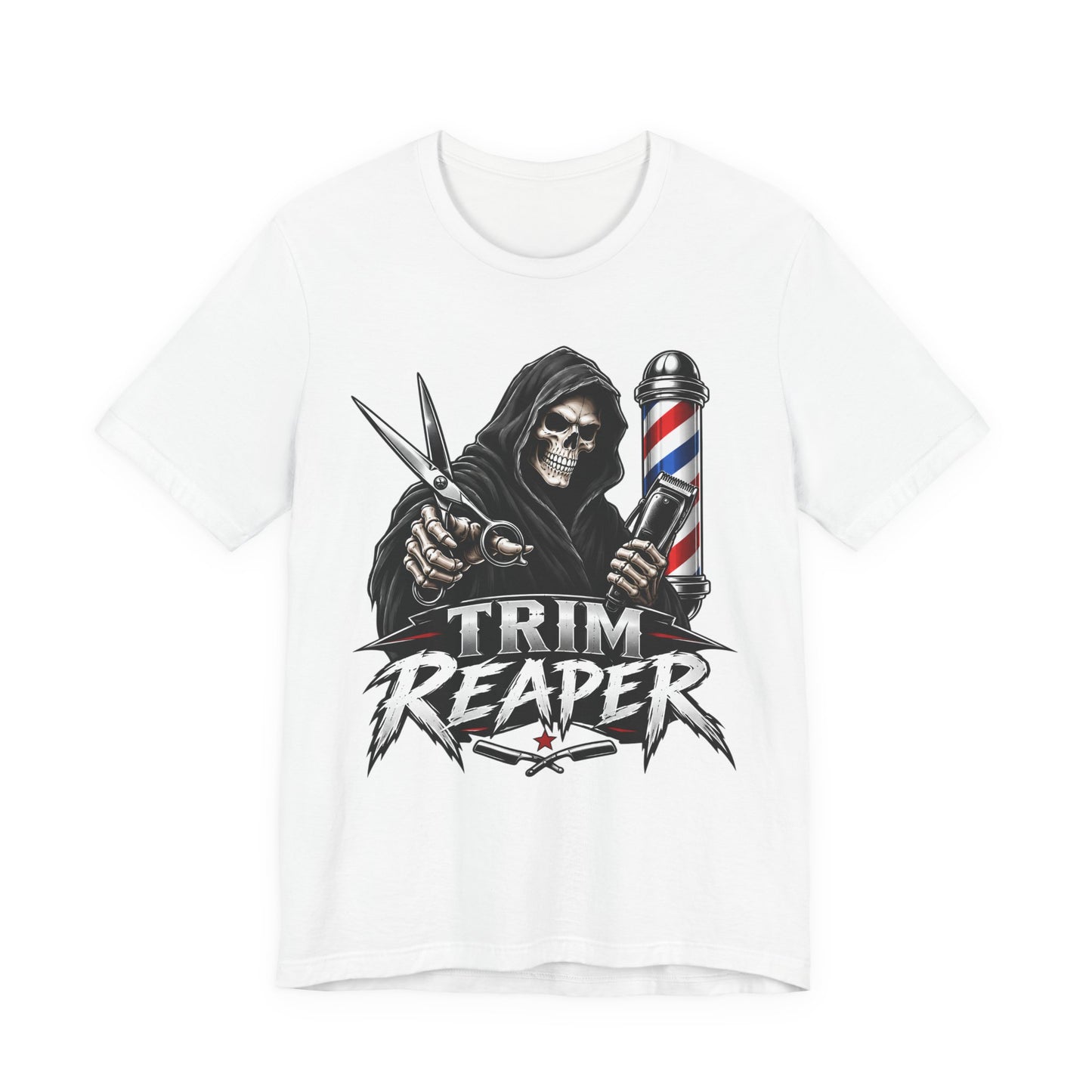 Trim Reaper Barber Tee – Grim Reaper Scissors & Pole Graphic T-Shirt Short Sleeve Shirt