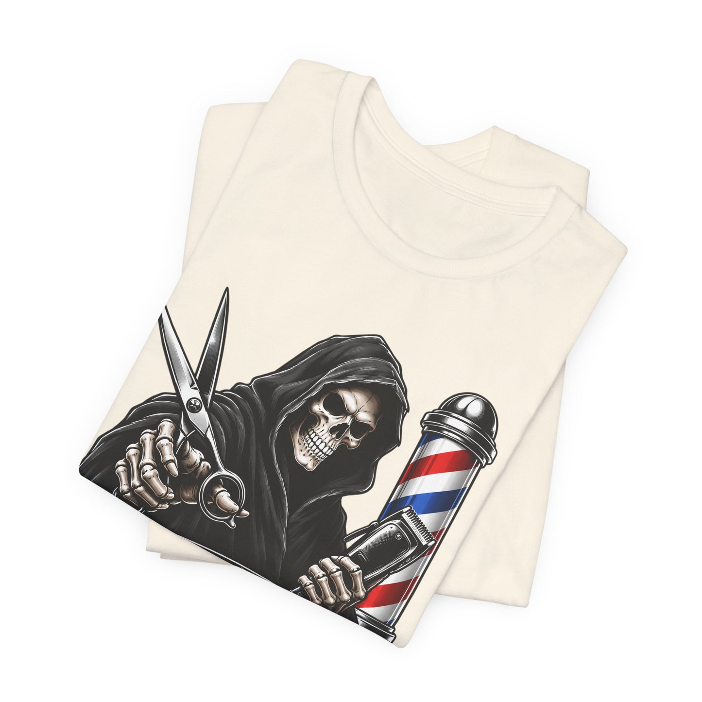 Trim Reaper Barber Tee – Grim Reaper Scissors & Pole Graphic T-Shirt Short Sleeve Shirt