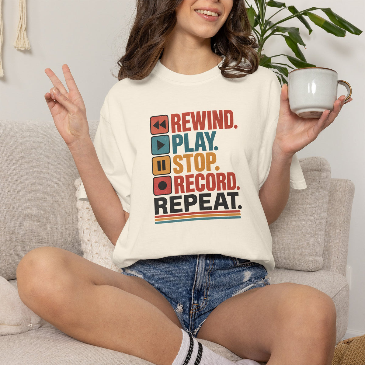 Rewind Play Stop Record Repeat Graphic Retro T-Shirt
