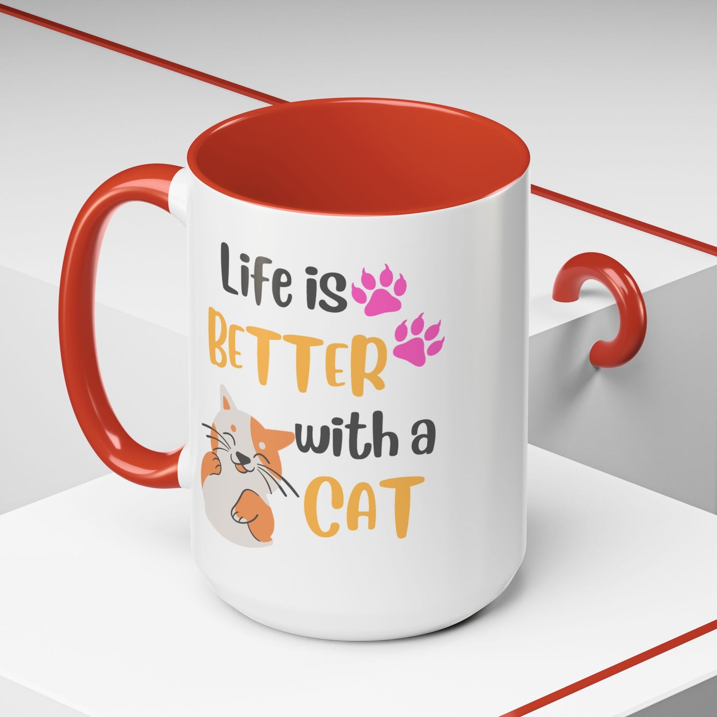 Cat Lover Coffee Mug — "Life Is Better With a Cat" Accent Ceramic Mug (15oz)