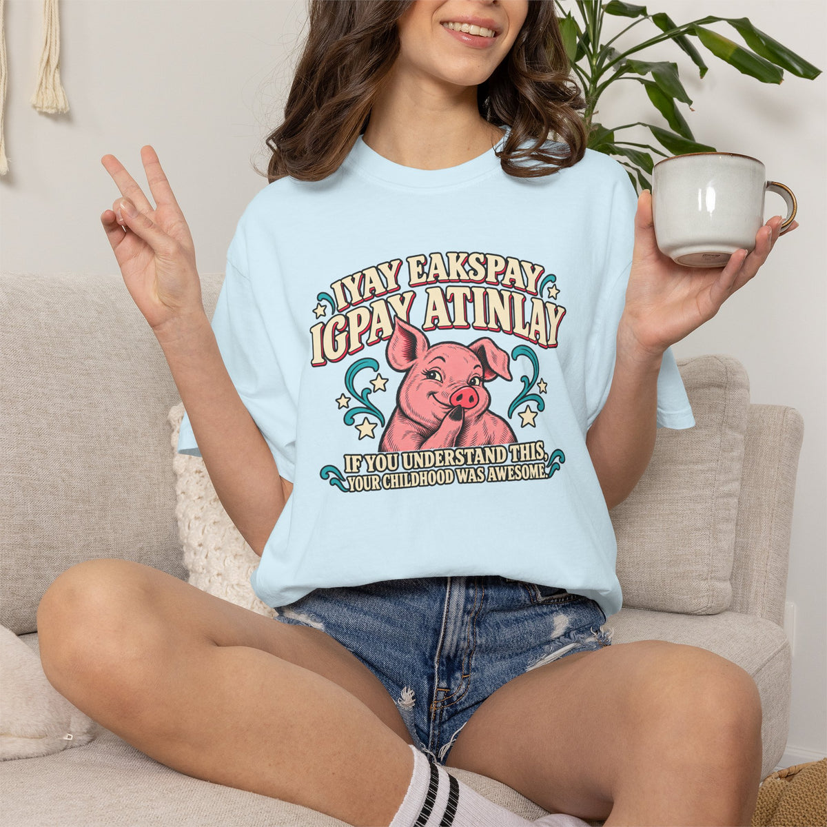 Fluent in Pig Latin Funny Retor 80's Pig Graphic T-Shirt Tee Shirt