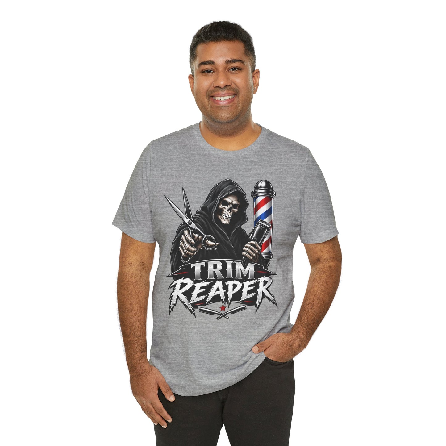 Trim Reaper Barber Tee – Grim Reaper Scissors & Pole Graphic T-Shirt Short Sleeve Shirt