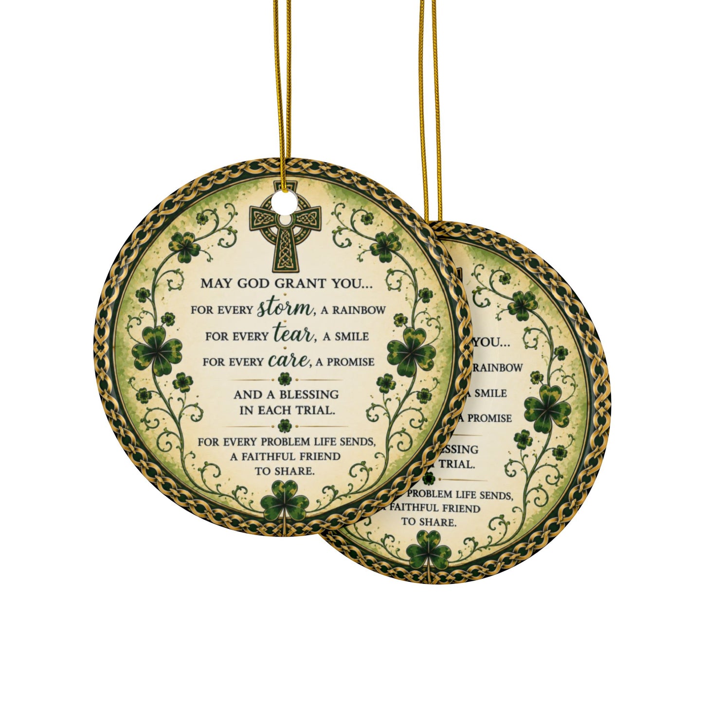 Irish Blessing Prayer Ceramic Ornament — Inspirational Irish Shamrock Cross Gift Decoration