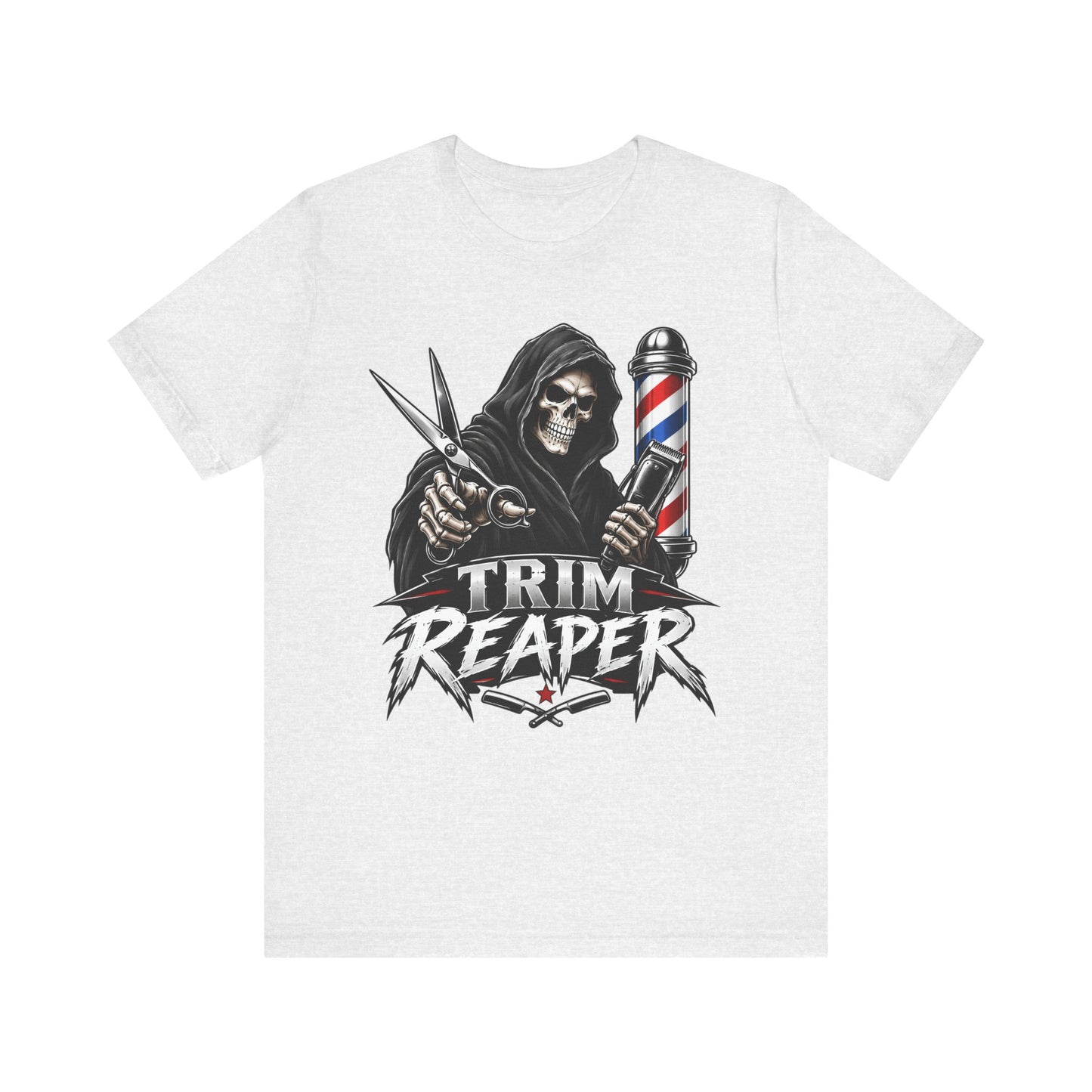 Trim Reaper Barber Tee – Grim Reaper Scissors & Pole Graphic T-Shirt Short Sleeve Shirt