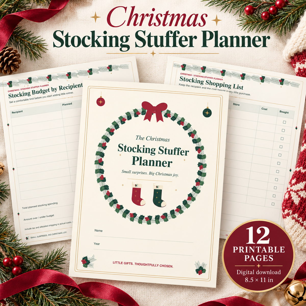 Christmas Stocking Stuffer Planner Printable 12-Page Gift & Budget Organizer Instant Digital Download