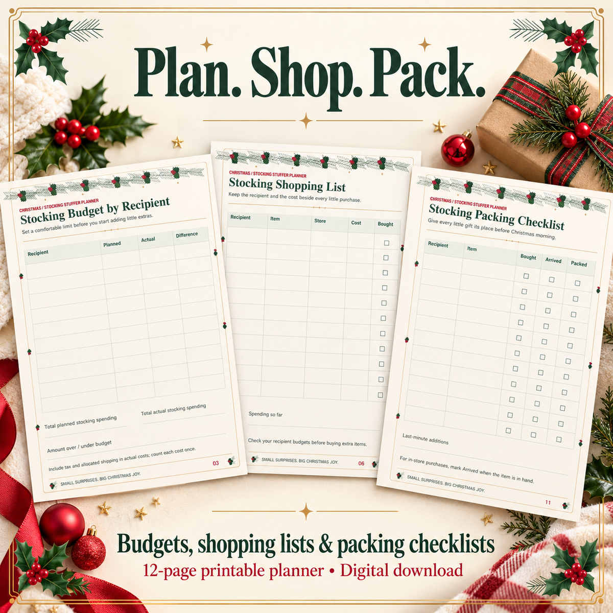 Christmas Stocking Stuffer Planner Printable 12-Page Gift & Budget Organizer Instant Digital Download