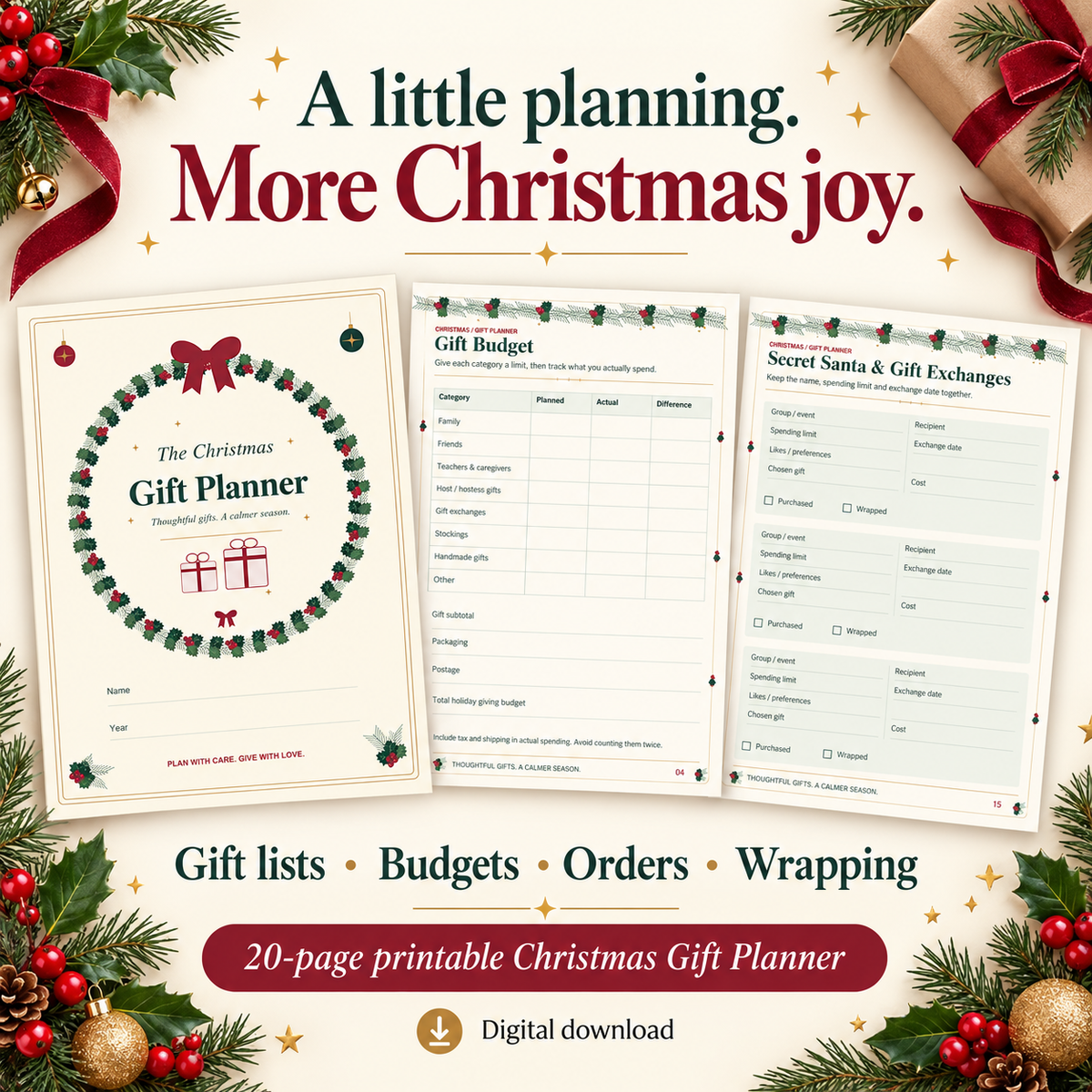 Christmas Gift Planner Printable 20-Page Holiday Gift & Budget Organizer Instant Digital Download