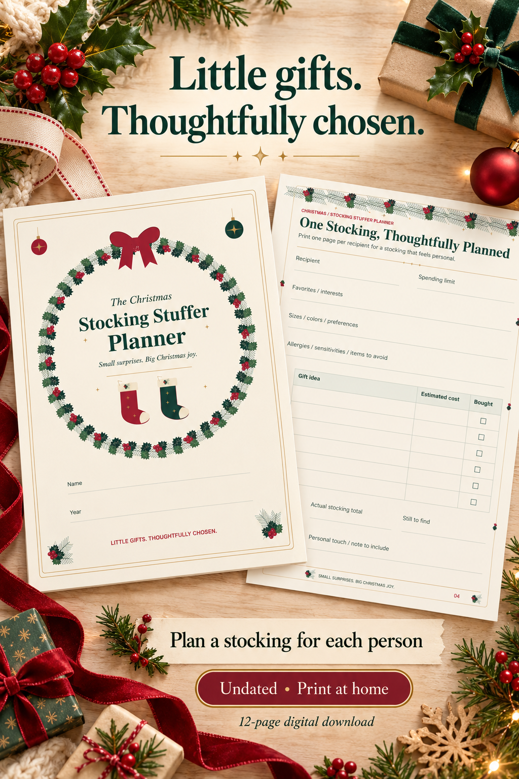 Christmas Stocking Stuffer Planner Printable 12-Page Gift & Budget Organizer Instant Digital Download
