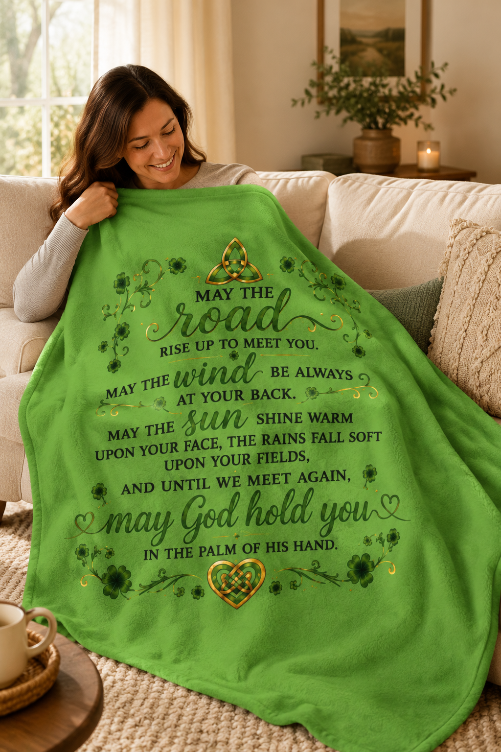 Woman relaxing under a green 50 by 60 Irish blessing sherpa fleece blanket